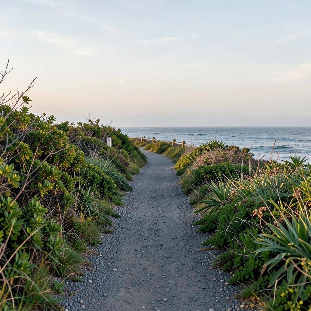 A quiet coastal walking path lined with native greenery, leading toward a distant ocean horizon under a hazy afternoon sky
