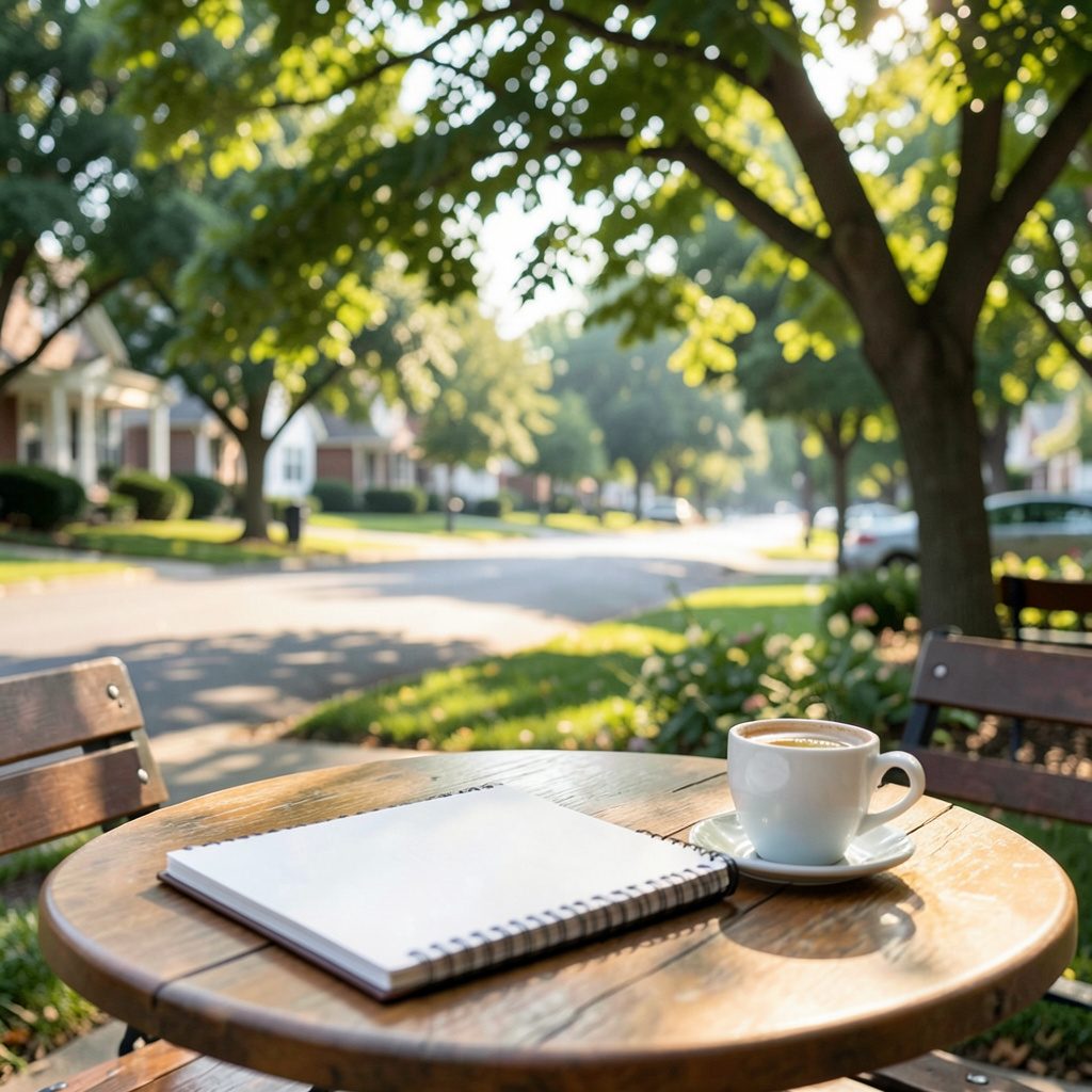 A sunlit outdoor café table with a notebook and coffee cup, framed by leafy suburban streets in soft morning light