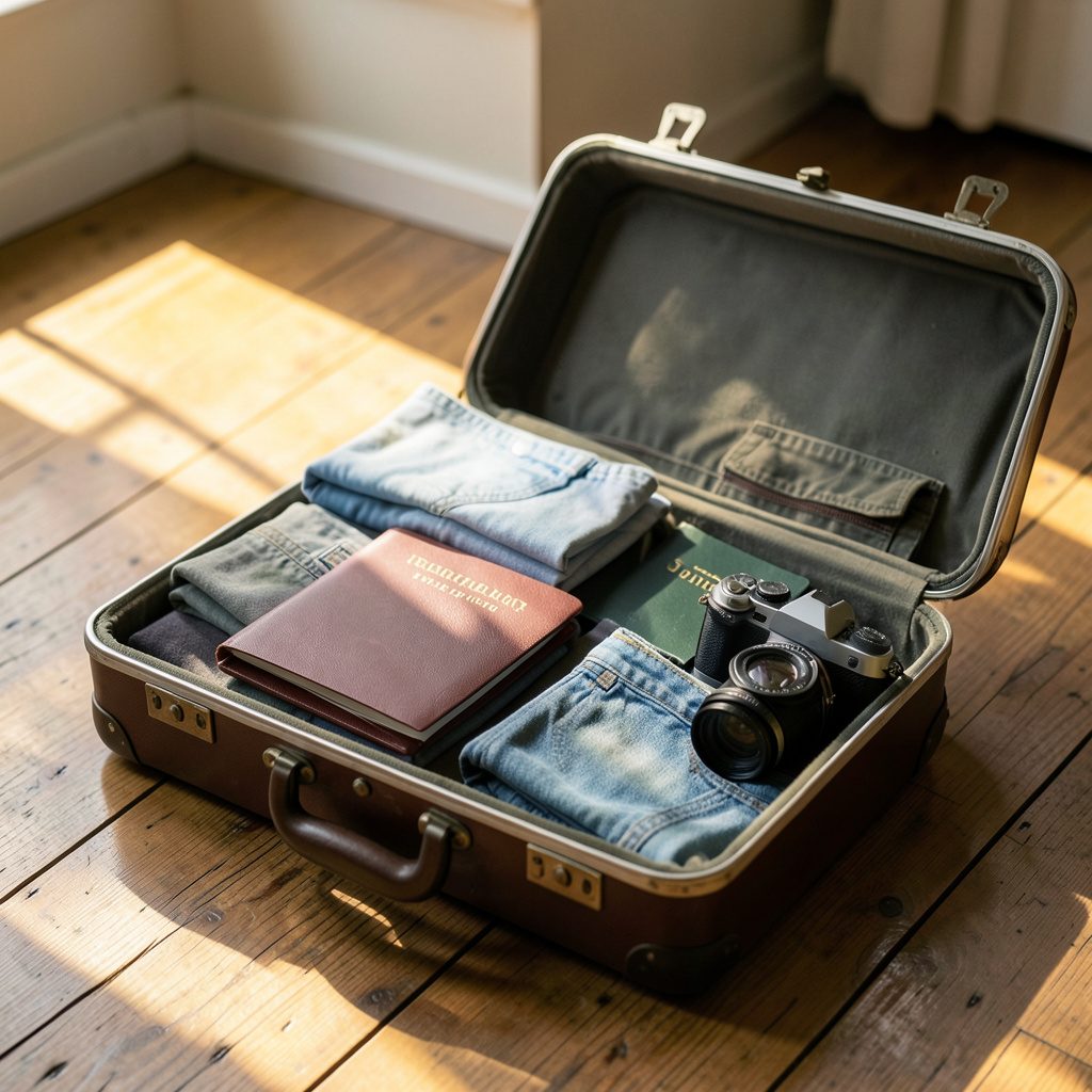 An open suitcase on a wooden floor with neatly folded clothes, a passport, and a camera, bathed in warm natural window light